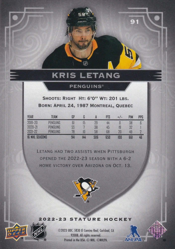 2022-23 UD Stature - Kris Letang #91