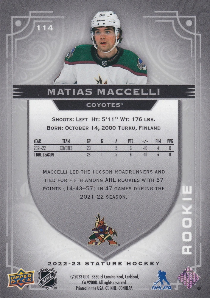2022-23 UD Stature - Matias Maccelli - Rookie Photo Variant /99 #114