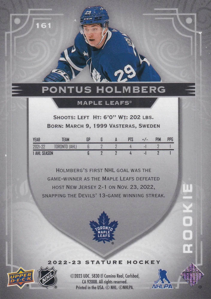 2022-23 UD Stature - Pontus Holmberg - Rookie /399 #161
