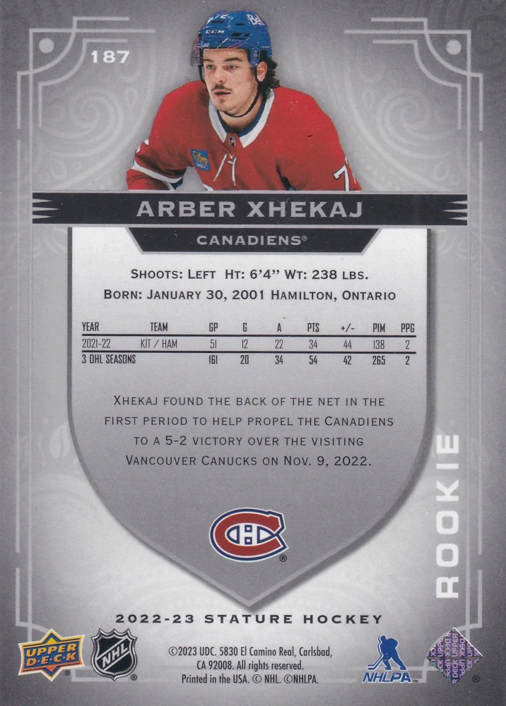 2022-23 UD Stature - Arber Xhekaj - Rookie /399 #187