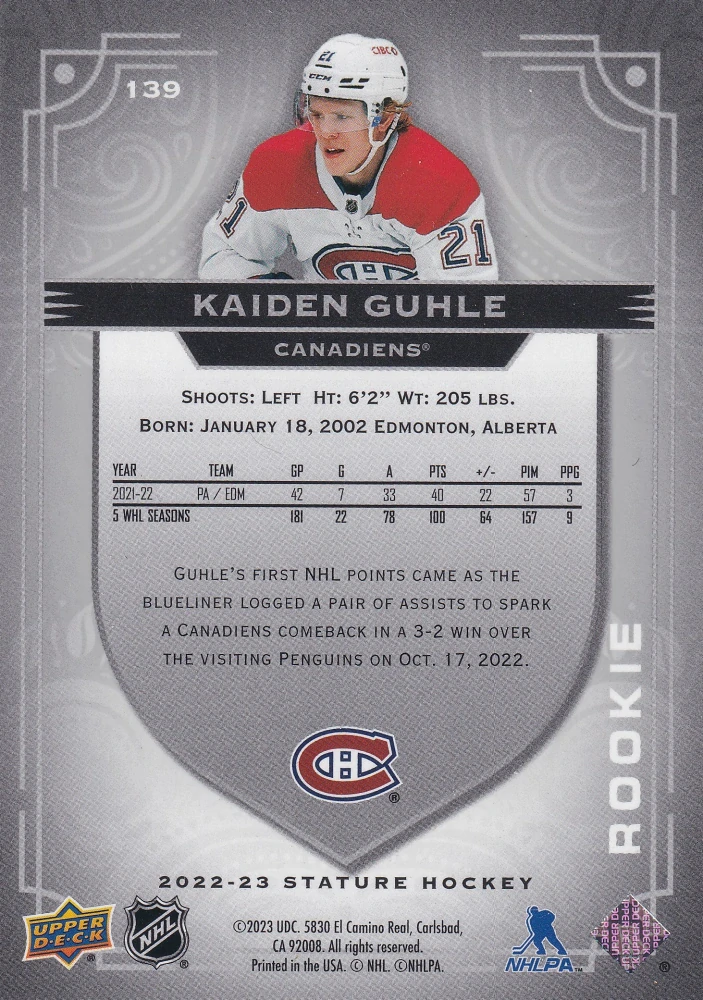 2022-23 UD Stature - Kaiden Guhle - Rookie Photo Variant /99 #139