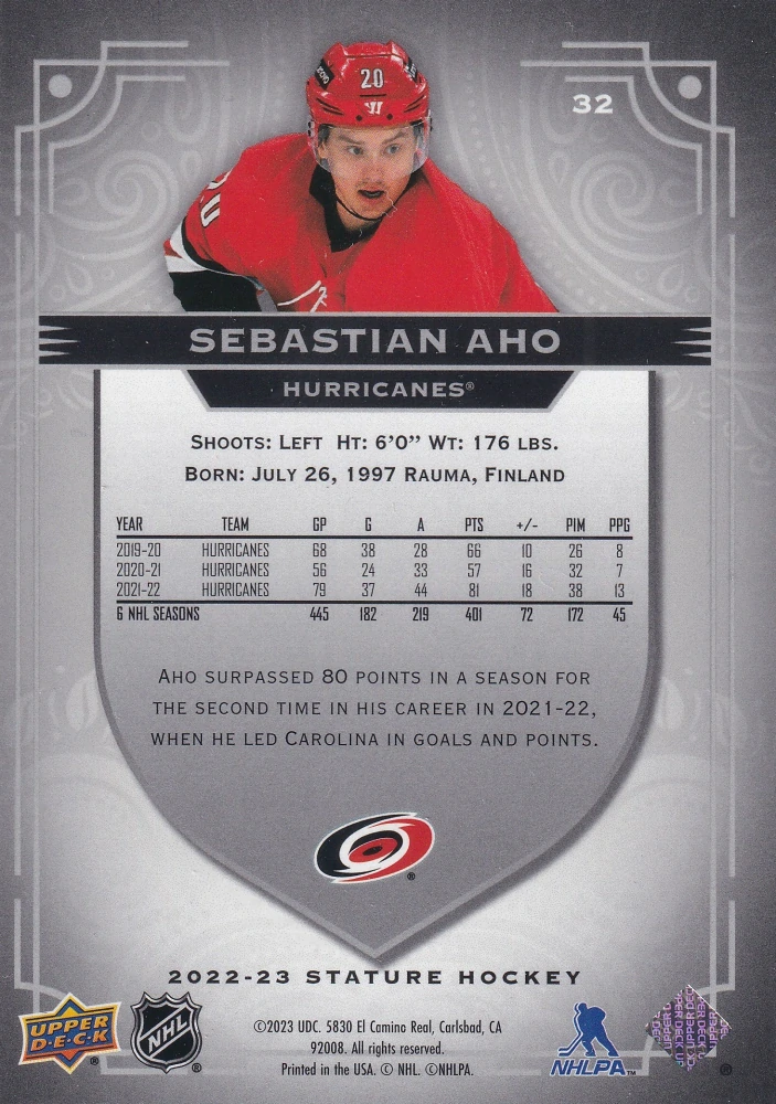 2022-23 UD Stature - Sebastian Aho #32