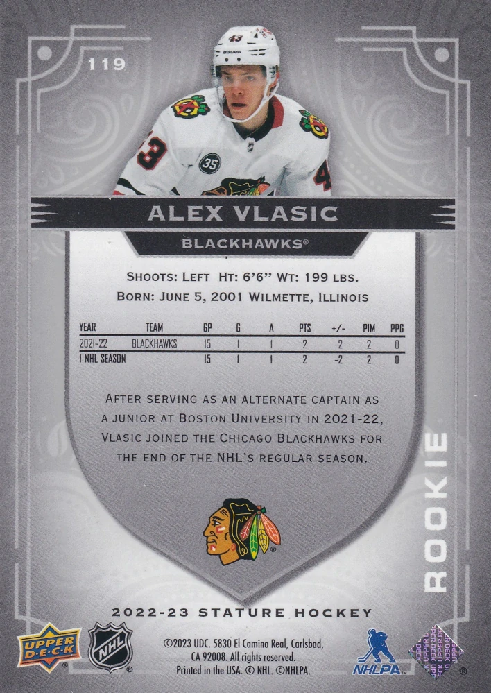 2022-23 UD Stature - Alex Vlasic - Rookie Photo Variant /99 #119