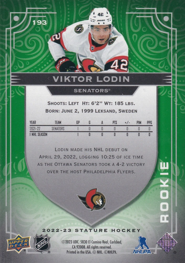 2022-23 UD Stature - Viktor Lodin - Rookie Photo Variant Green /66 #193