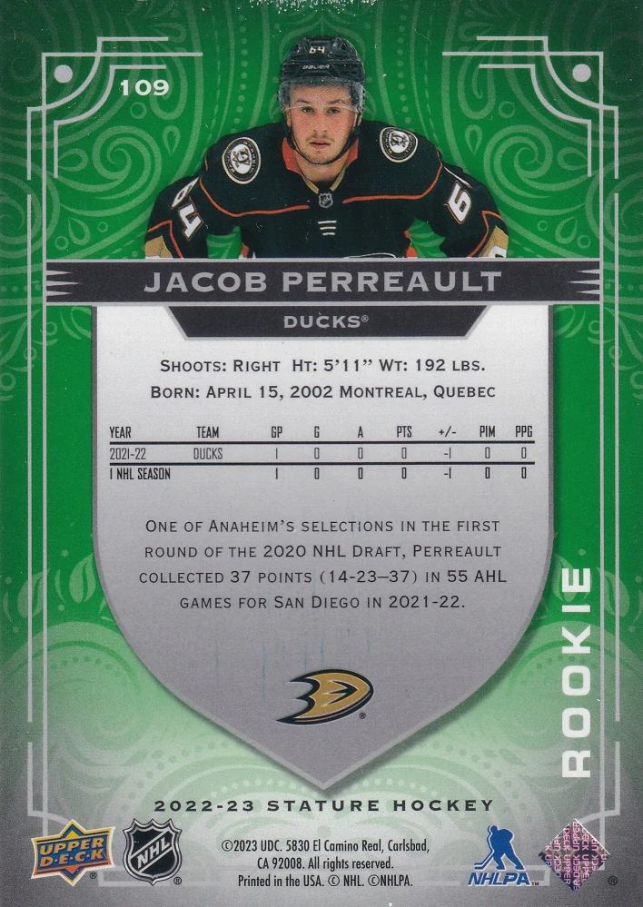 2022-23 UD Stature - Jacob Perreault - Rookie Photo Variant Green /66 #109