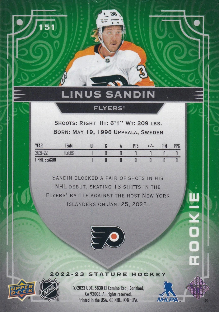 2022-23 UD Stature - Linus Sandin - Rookie Photo Variant Green /66 #151
