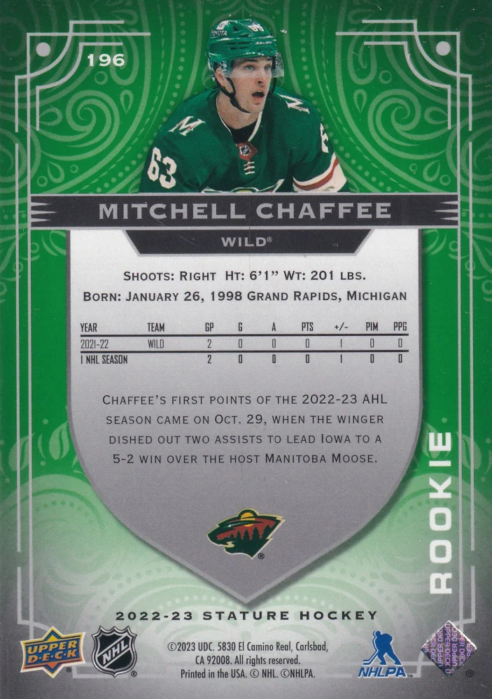 2022-23 UD Stature - Mitchell Chaffee - Rookie Photo Variant Green /66 #196