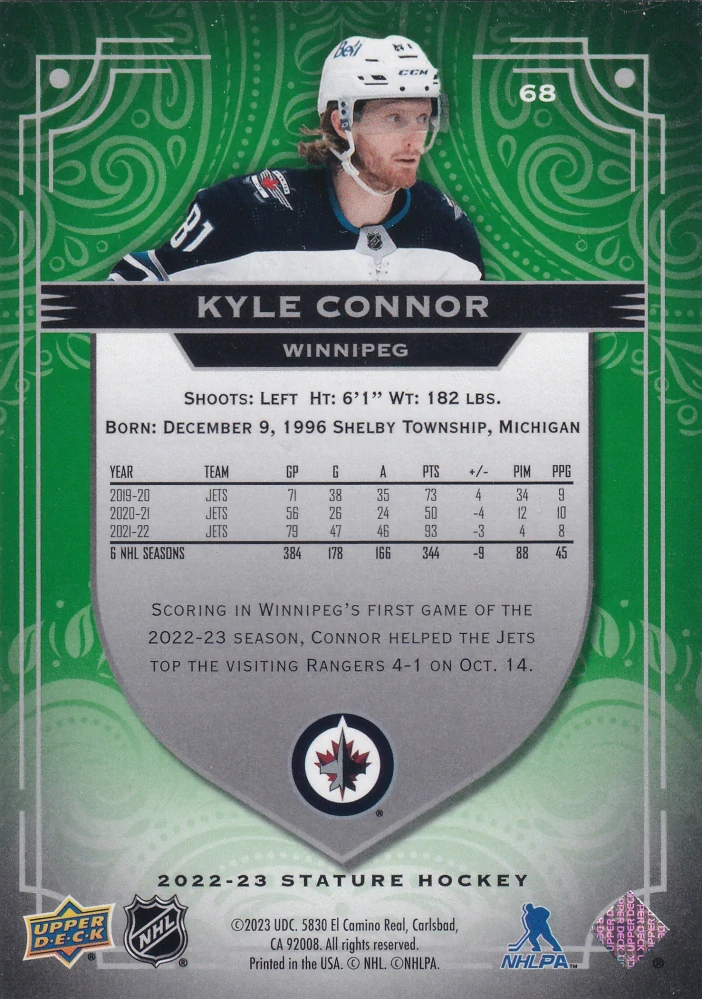 2022-23 UD Stature - Kyle Connor - Photo Variant Green /66 #68
