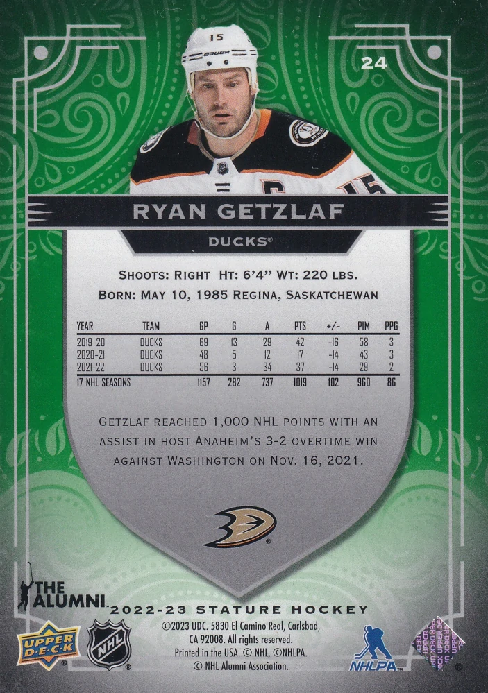 2022-23 UD Stature - Ryan Getzlaf - Photo Variant Green /66 #24