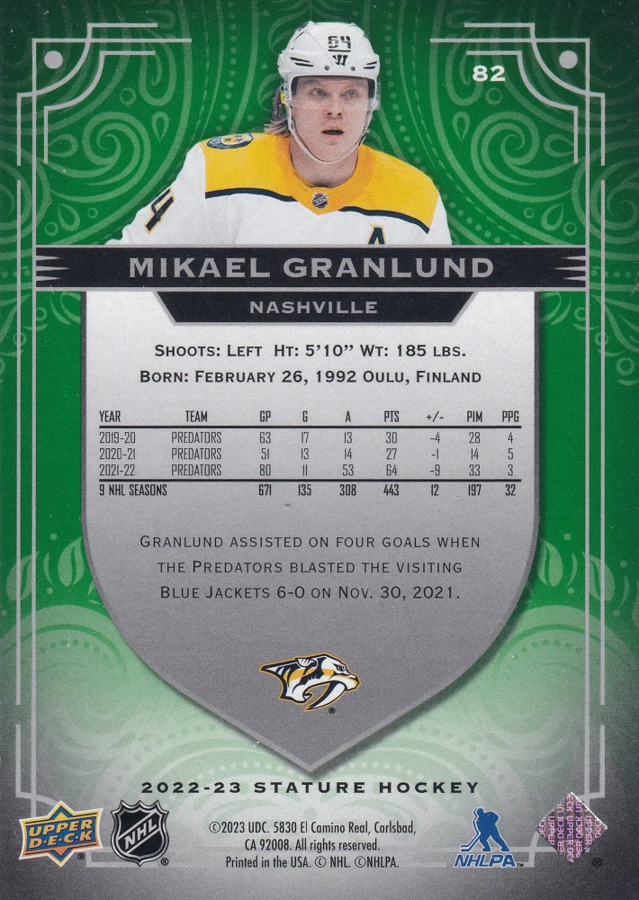 2022-23 UD Stature - Mikael Granlund - Photo Variant Green /66 #82