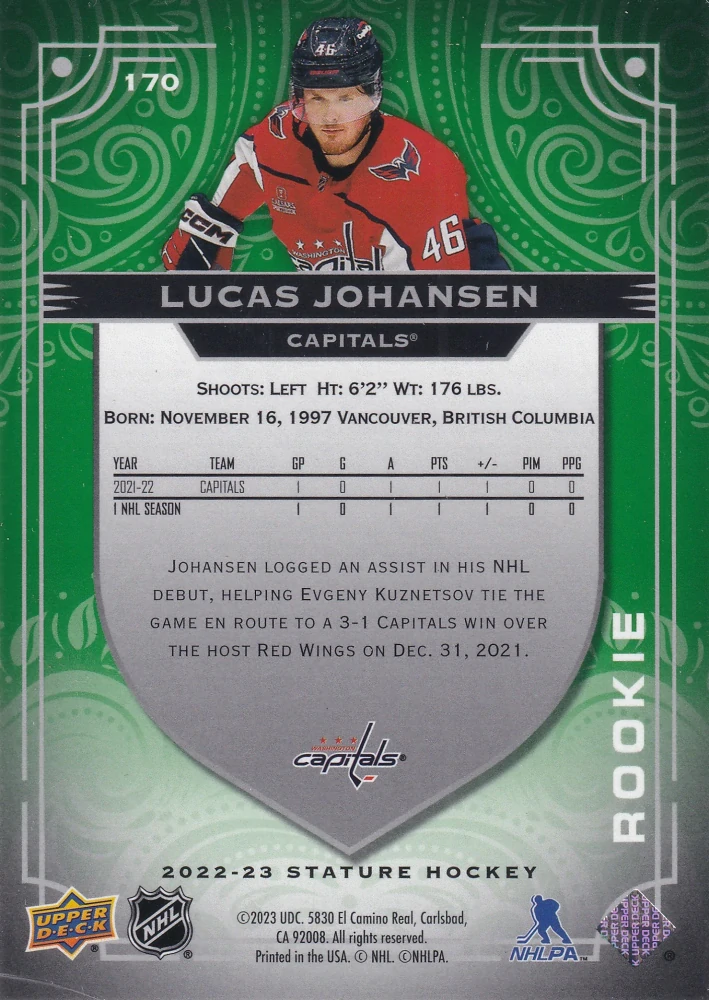 2022-23 UD Stature - Lucas Johansen - Rookie Green /99 #170
