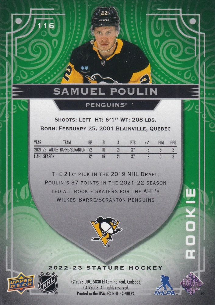 2022-23 UD Stature - Samuel Poulin - Rookie Green /99 #116