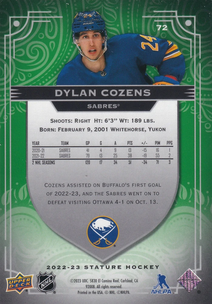 2022-23 UD Stature - Dylan Cozens - Green /99 #72