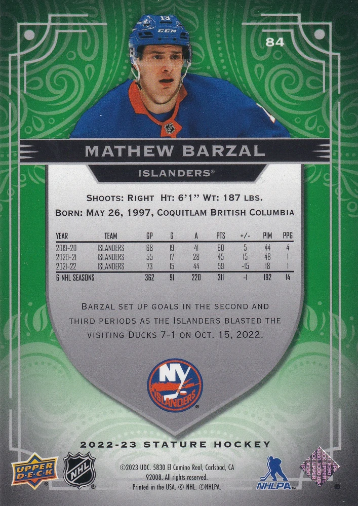 2022-23 UD Stature - Mathew Barzal - Green /99 #84