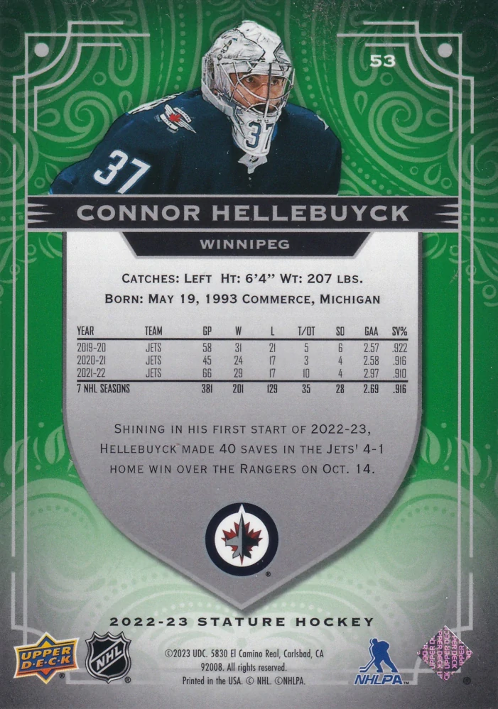 2022-23 UD Stature - Connor Hellebuyck - Green /99 #53