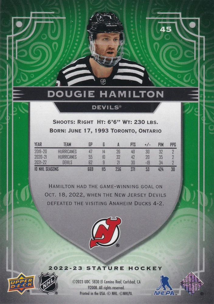 2022-23 UD Stature - Dougie Hamilton - Green /99 #45
