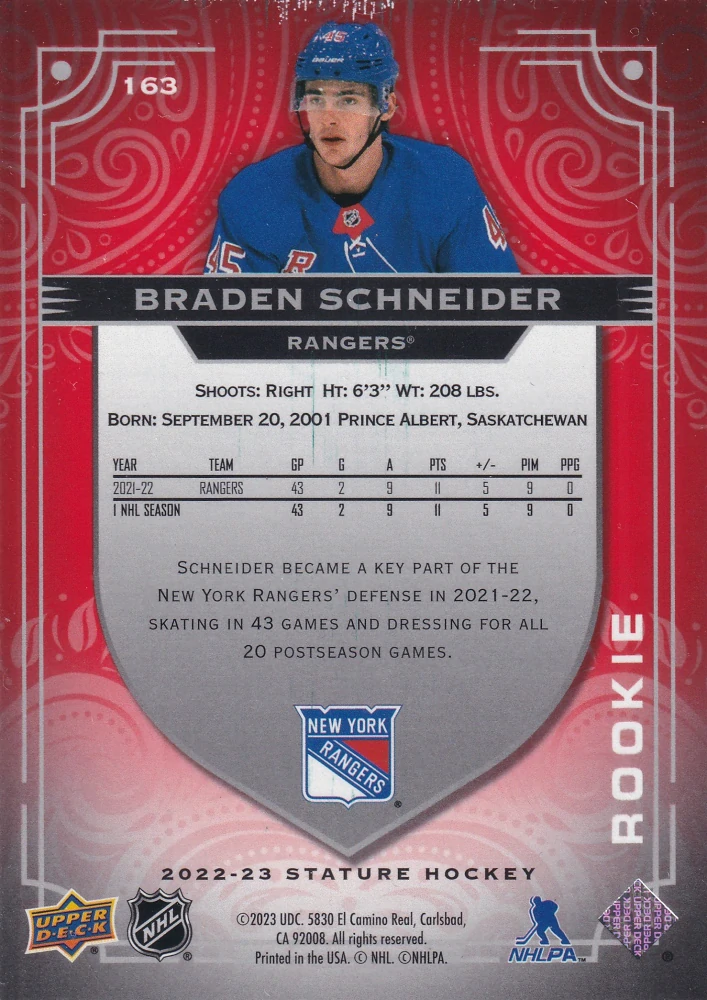 2022-23 UD Stature - Braden Schneider - Rookie Red /75 #163
