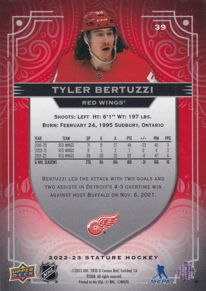 2022-23 UD Stature - Tyler Bertuzzi - Red /75 #39