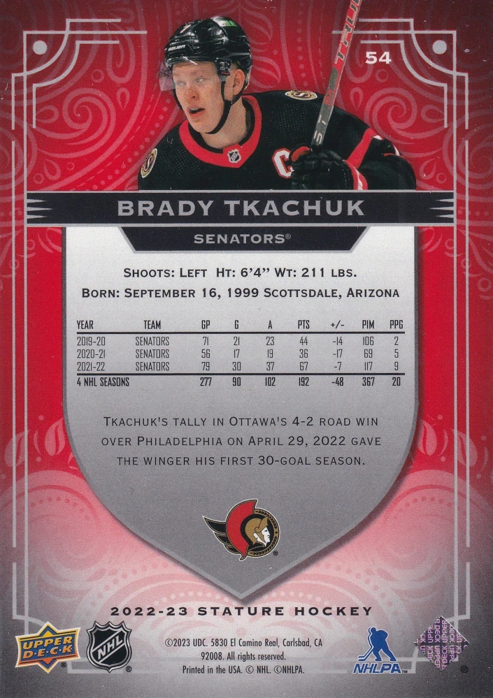 2022-23 UD Stature - Brady Tkachuk - Red /75 #54
