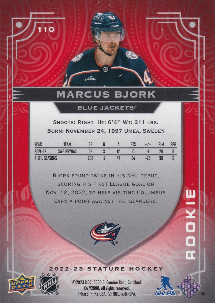 2022-23 UD Stature - Marcus Bjork - Rookie Photo Variant Red /33 #110