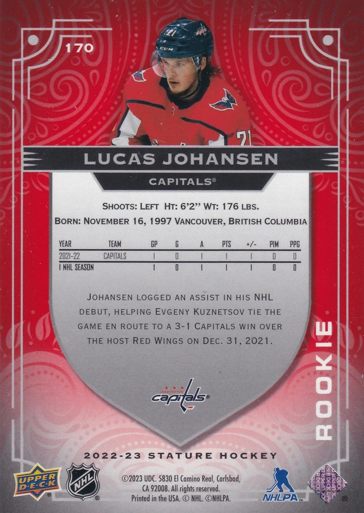 2022-23 UD Stature - Lucas Johansen - Rookie Photo Variant Red /33 #170