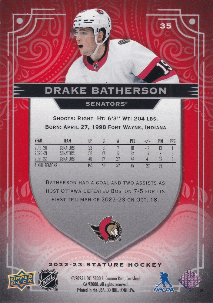 2022-23 UD Stature - Drake Batherson - Photo Variant Red /33 #35