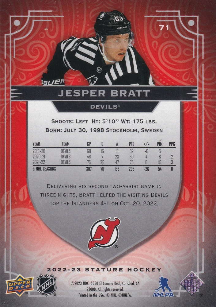 2022-23 UD Stature - Jesper Bratt - Orange /55 #71