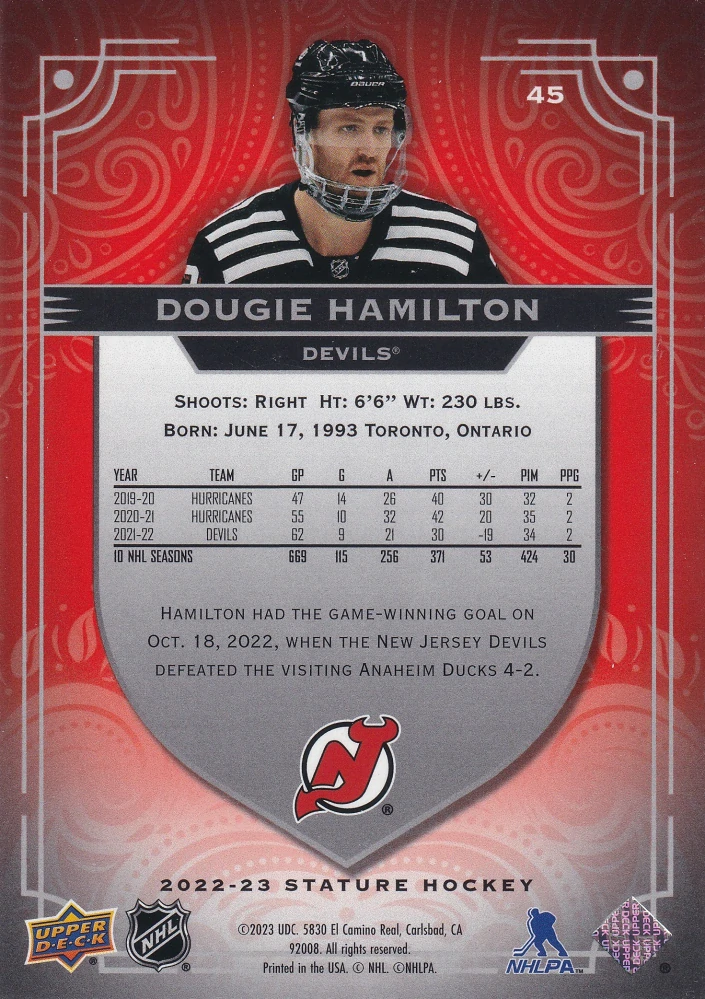 2022-23 UD Stature - Dougie Hamilton - Orange /55 #45