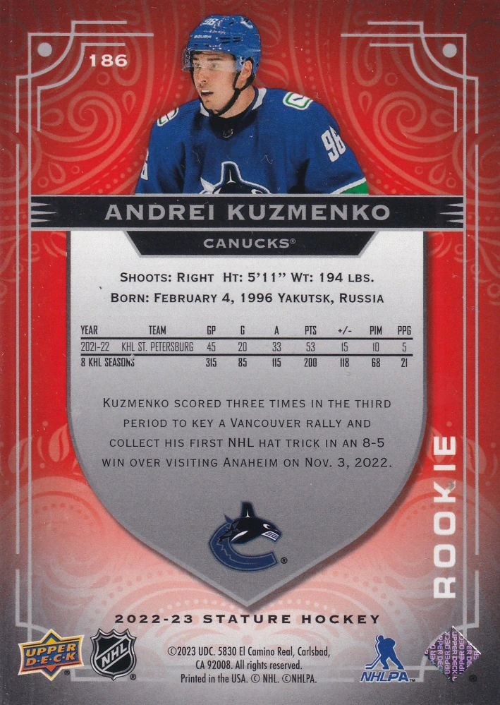 2022-23 UD Stature - Andrei Kuzmenko - Rookie Orange /45 #186