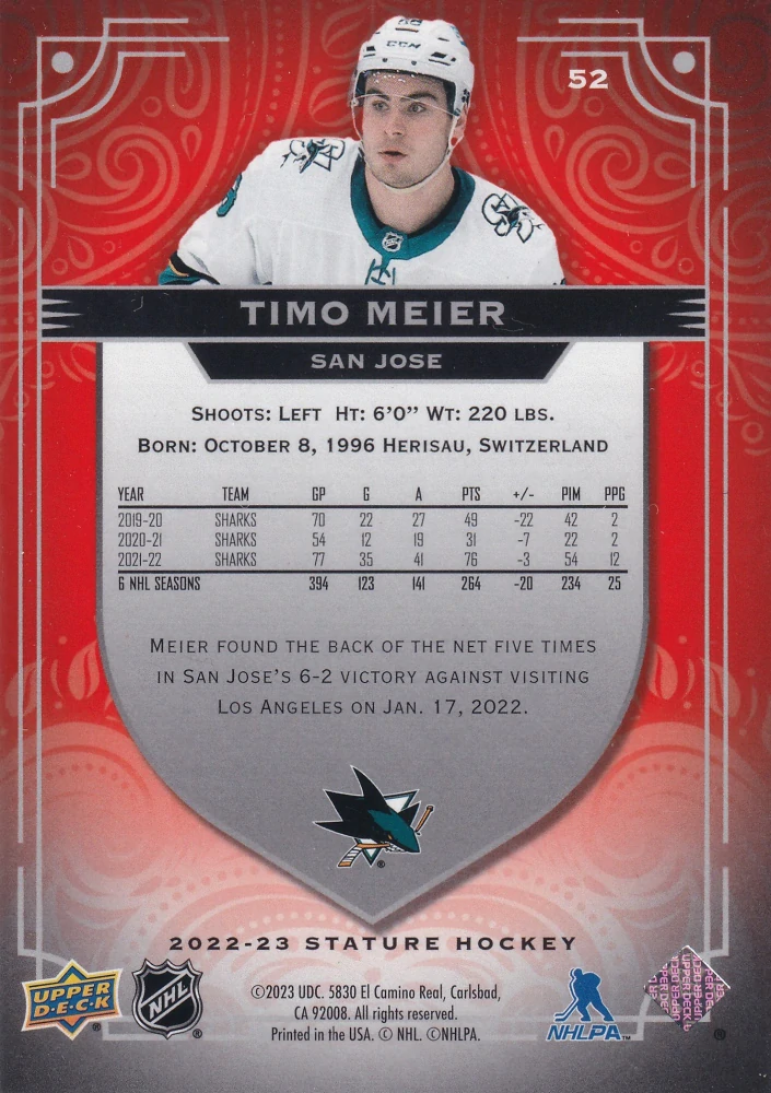 2022-23 UD Stature - Timo Meier - Orange Photo Variant /25 #52