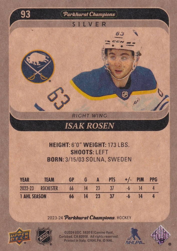 2023-24 UD Parkhurst Champions - Isak Rosen - Silver #93