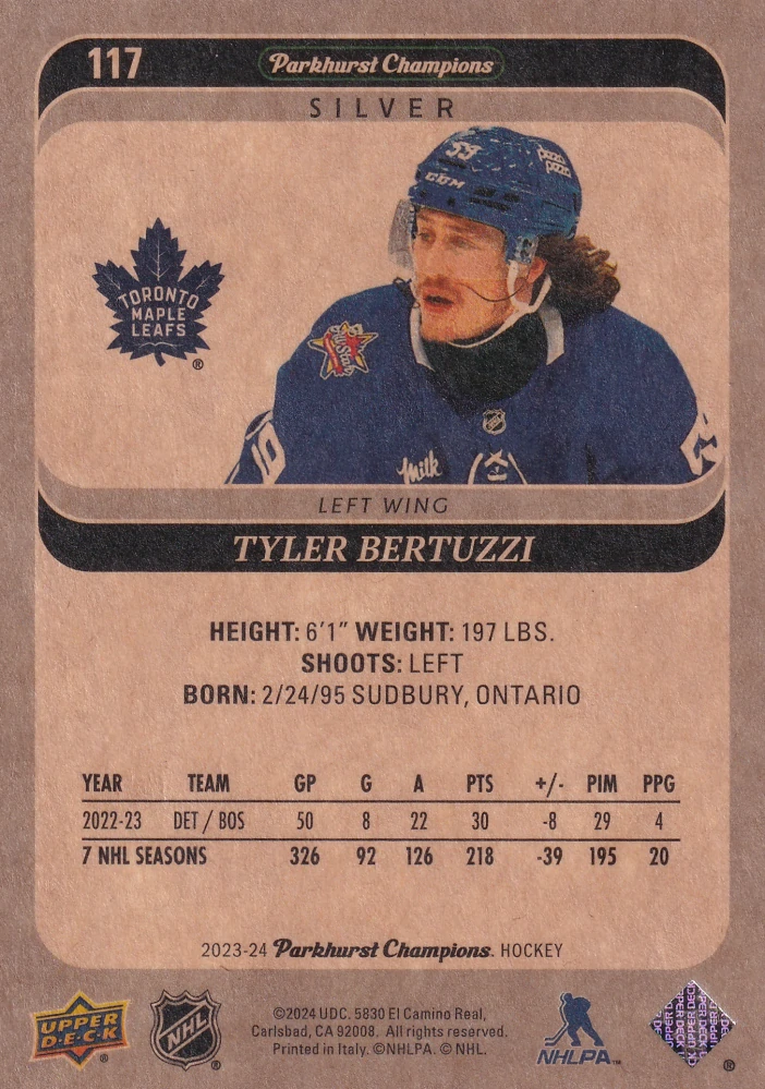 2023-24 UD Parkhurst Champions - Tyler Bertuzzi - Silver #117