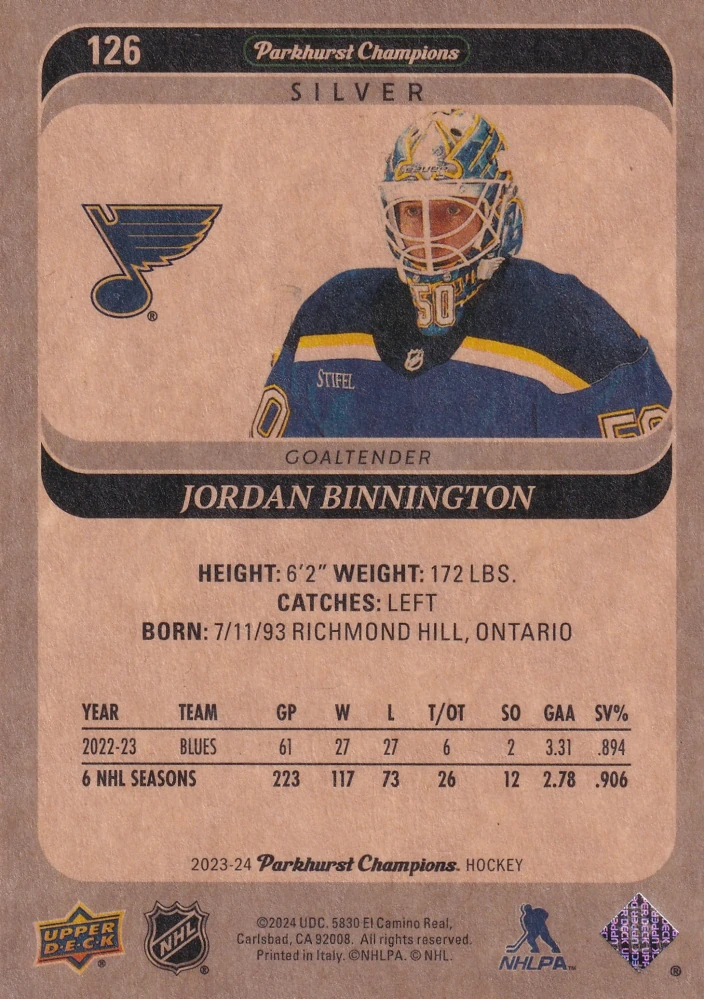 2023-24 UD Parkhurst Champions - Jordan Binnington - Silver #126