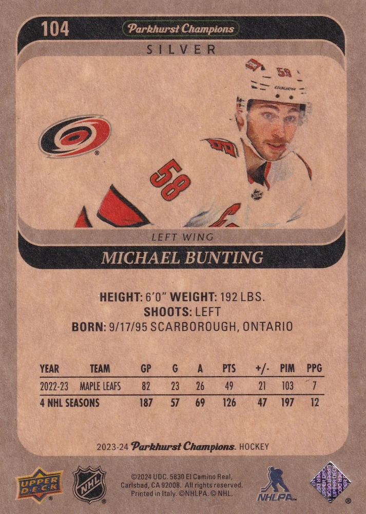 2023-24 UD Parkhurst Champions - Michael Bunting - Silver #104