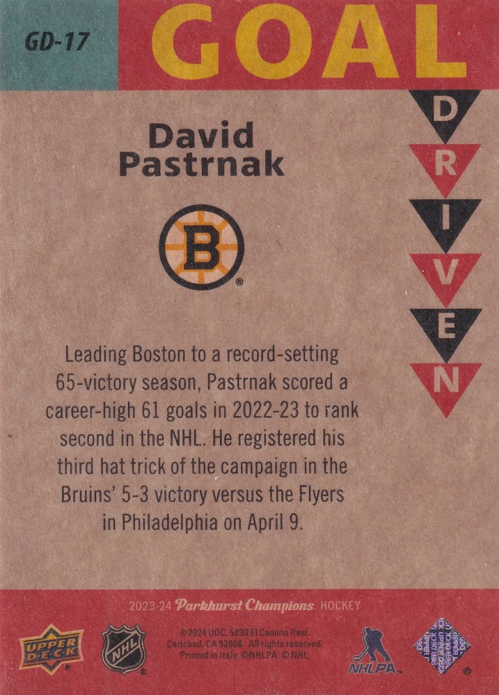 2023-24 UD Parkhurst Champions - David Pastrňák - Goal Driven #GD-17