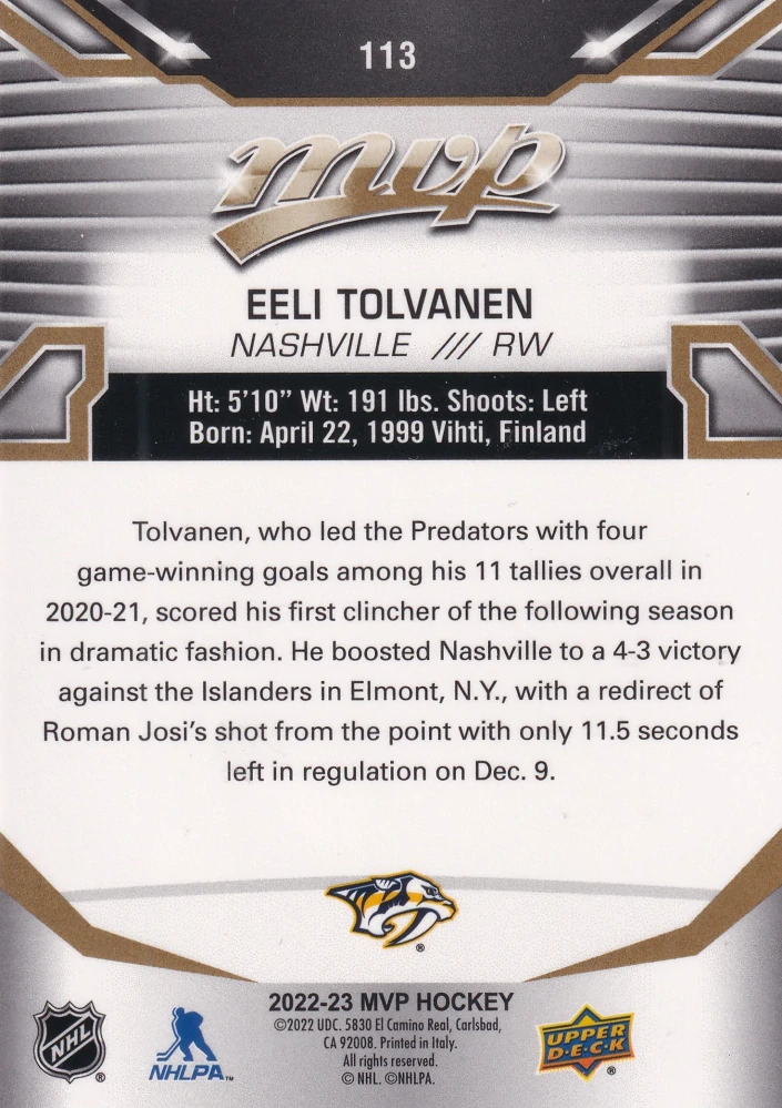 2022-23 UD MVP - Eeli Tolvanen - Gold Script #113