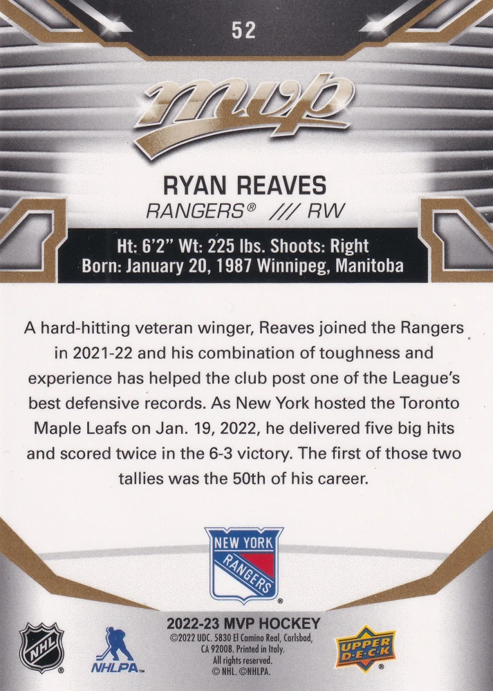 2022-23 UD MVP - Ryan Reaves - Gold Script #52
