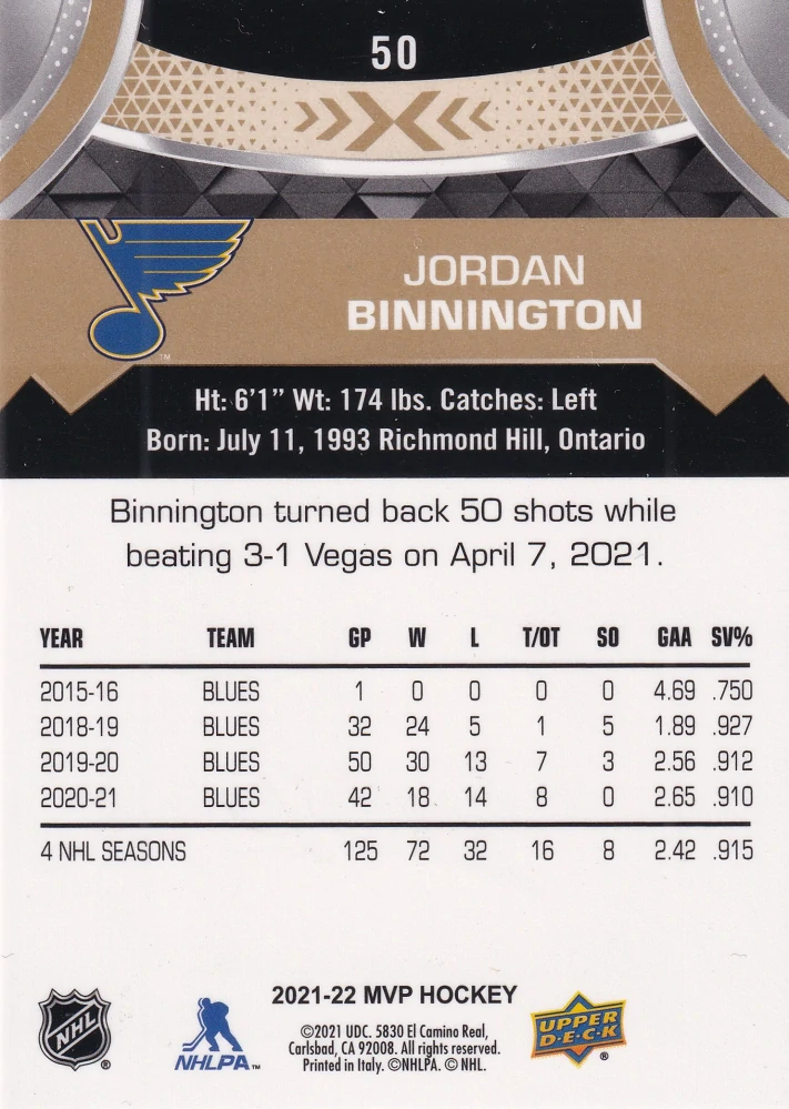 2021-22 UD MVP - Jordan Binnington - Gold Script #50