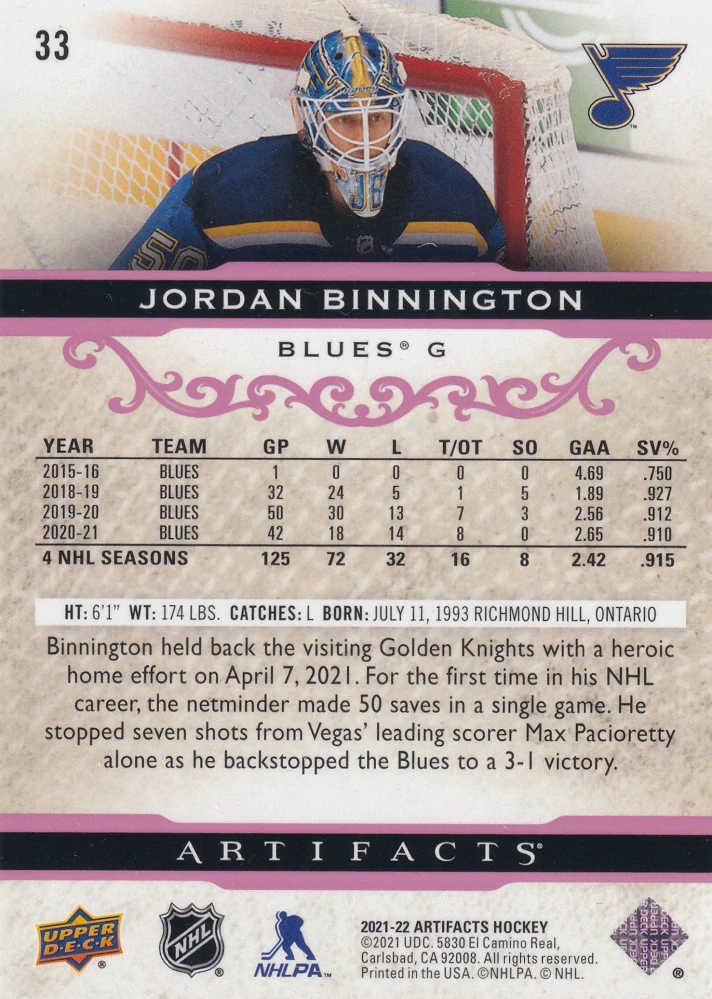 2021-22 UD Artifacts - Jordan Binnington - Rose /65 #33