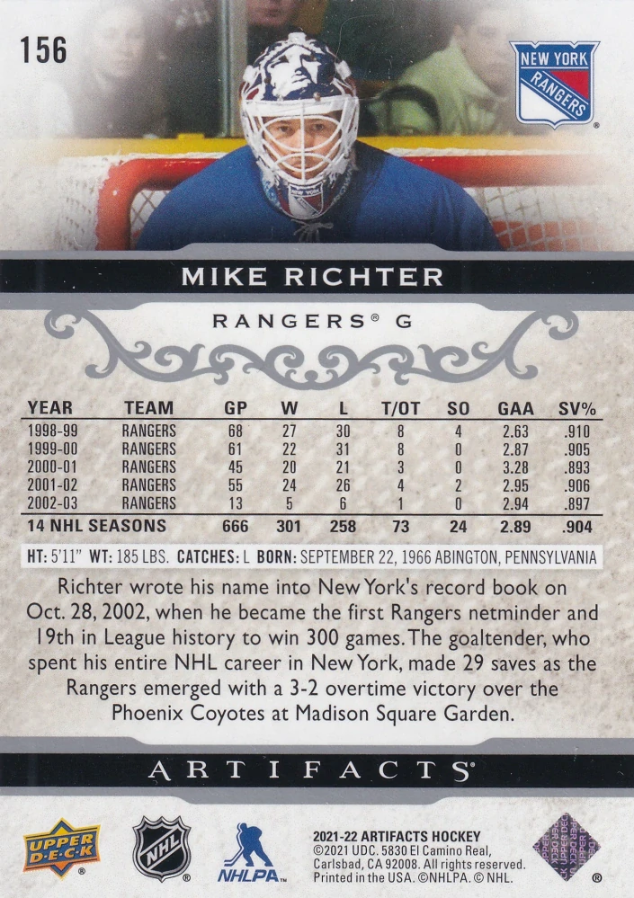 2021-22 UD Artifacts - Mike Richter - Silver Spectrum /299 #156