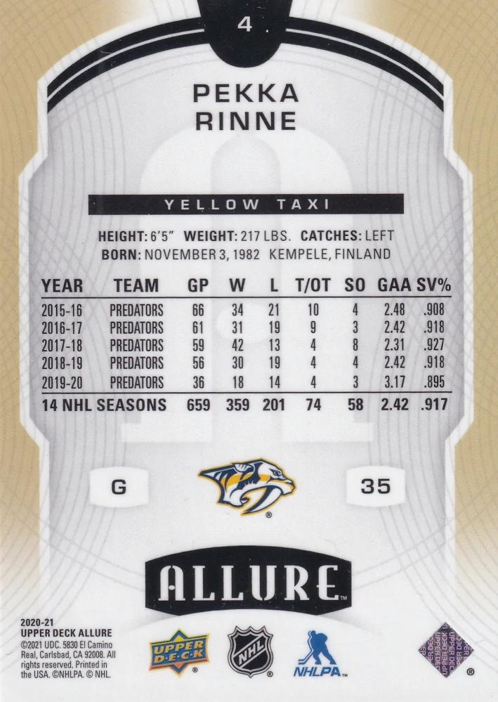 2020-21 UD Allure - Pekka Rinne - Yellow Taxi #4