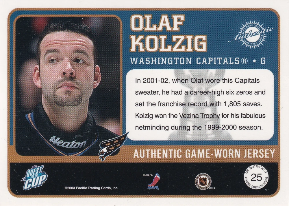 2002-03 Pacific Quest for the Cup - Olaf Kolzig - Authentic Game-Worn Jersey #25
