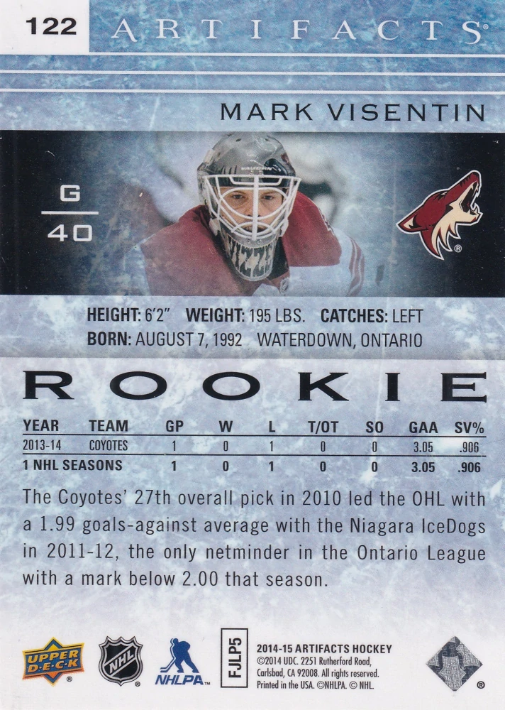2014-15 UD Artifacts - Mark Visentin - Rookie Sapphire /85 #122