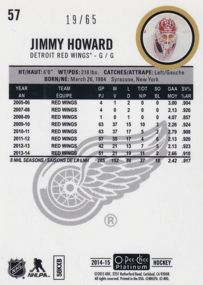 2014-15 UD O-Pee-Chee Platinum - Jimmy Howard - Blue Cubes /65 #57