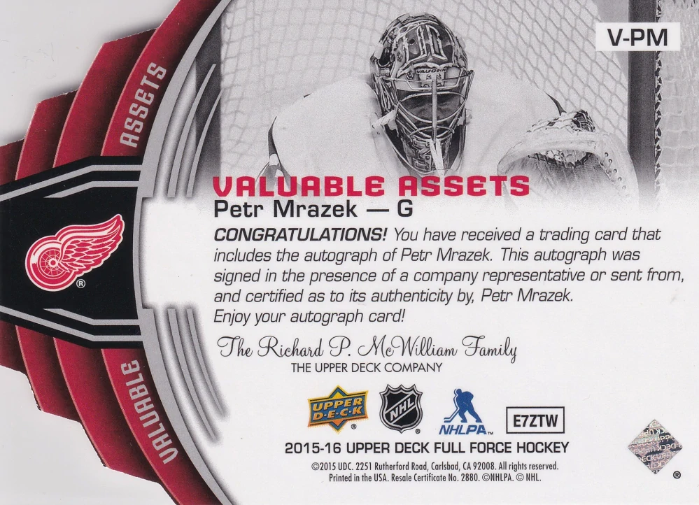 2015-16 UD Full Force - Petr Mrázek - Valuable Assets Autographs #V-PM