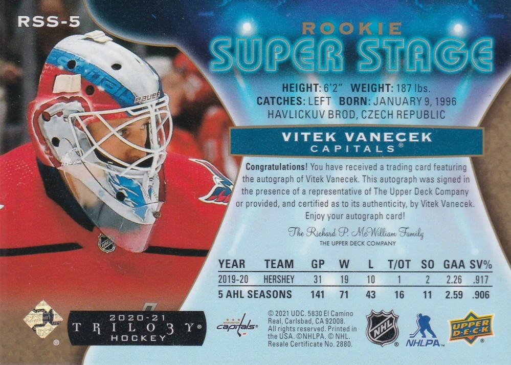 2020-21 UD Trilogy - Vítek Vaněček - Rookie Super Stage - Gold Foil Autographs /65 #RSS-5