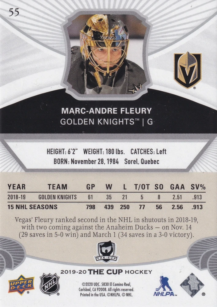 2019-20 UD The Cup - Marc-Andre Fleury /249 #55