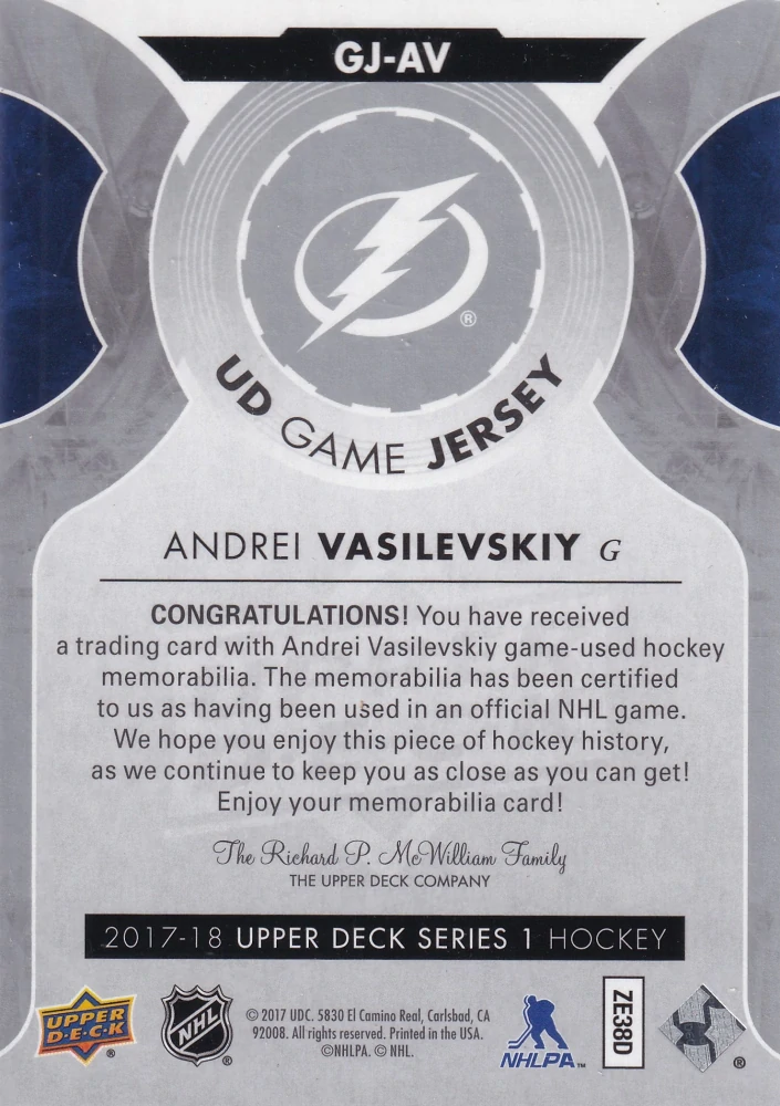 2017-18 UD Series 1 - Andrei Vasilevskiy - UD Game Jersey #GJ-AV