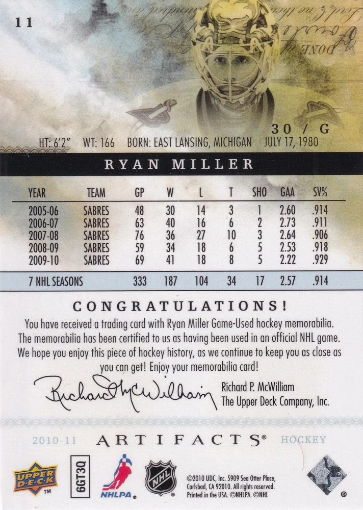 2010-11 UD Artifacts - Ryan Miller - Bronze Jersey/Jersey /150 #11