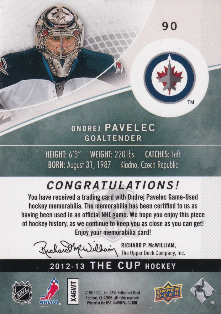 2012-13 UD The Cup - Ondřej Pavelec - Jersey /25 #90